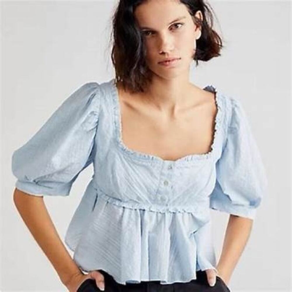 Free People Size Large Leave It To Me Powdered Blue Top Smocked Puff Sleeve NWOT